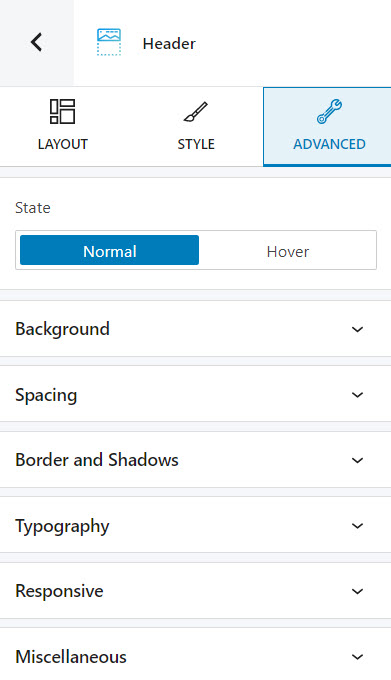 header advanced editing options