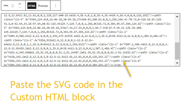 paste an svg icon code to the custom HTML block