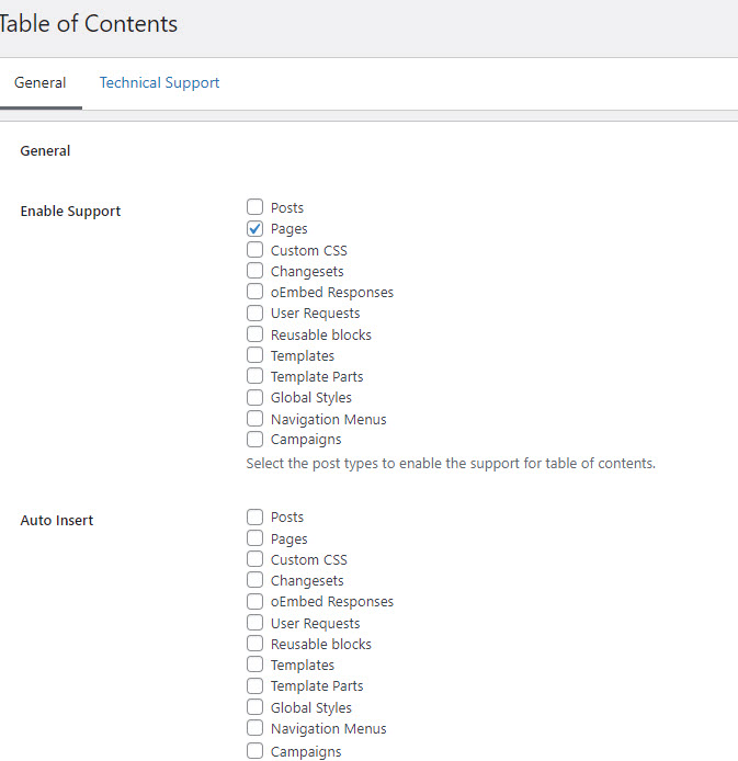 Choose what to show in the table of content plugin