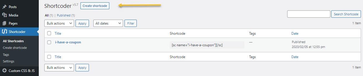 WordPress shortcode example inside the Shortcoder plugin