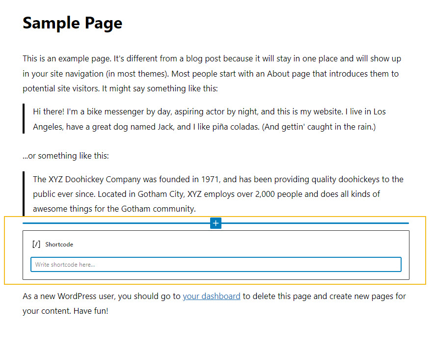 inserted WordPress shortcode block