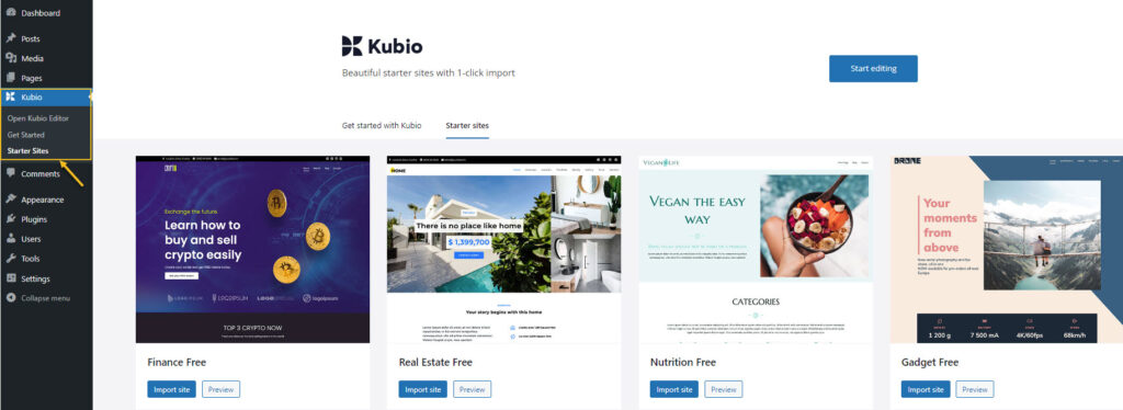 Kubio starter sites