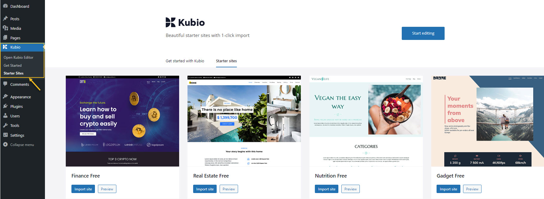 Kubio starter sites