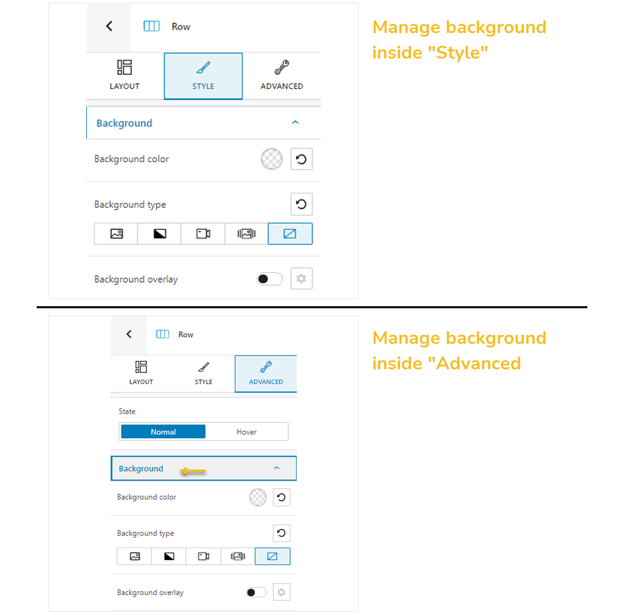 Managing backgrounds inside Style and Advanced