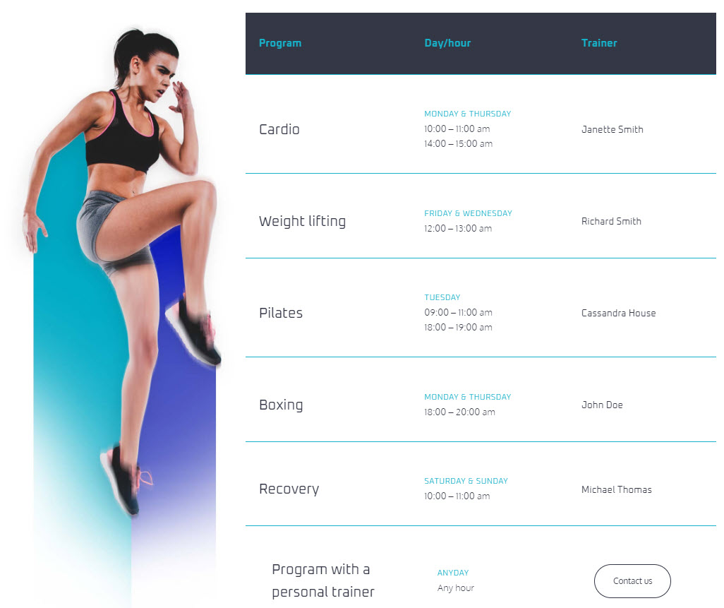 Schedule example in the Fitness starter site from Kubio