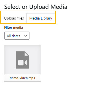 The Media Library for video choosing or uploading