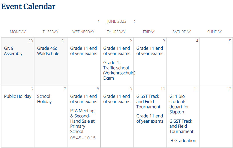 Event calendar at Berlin British School