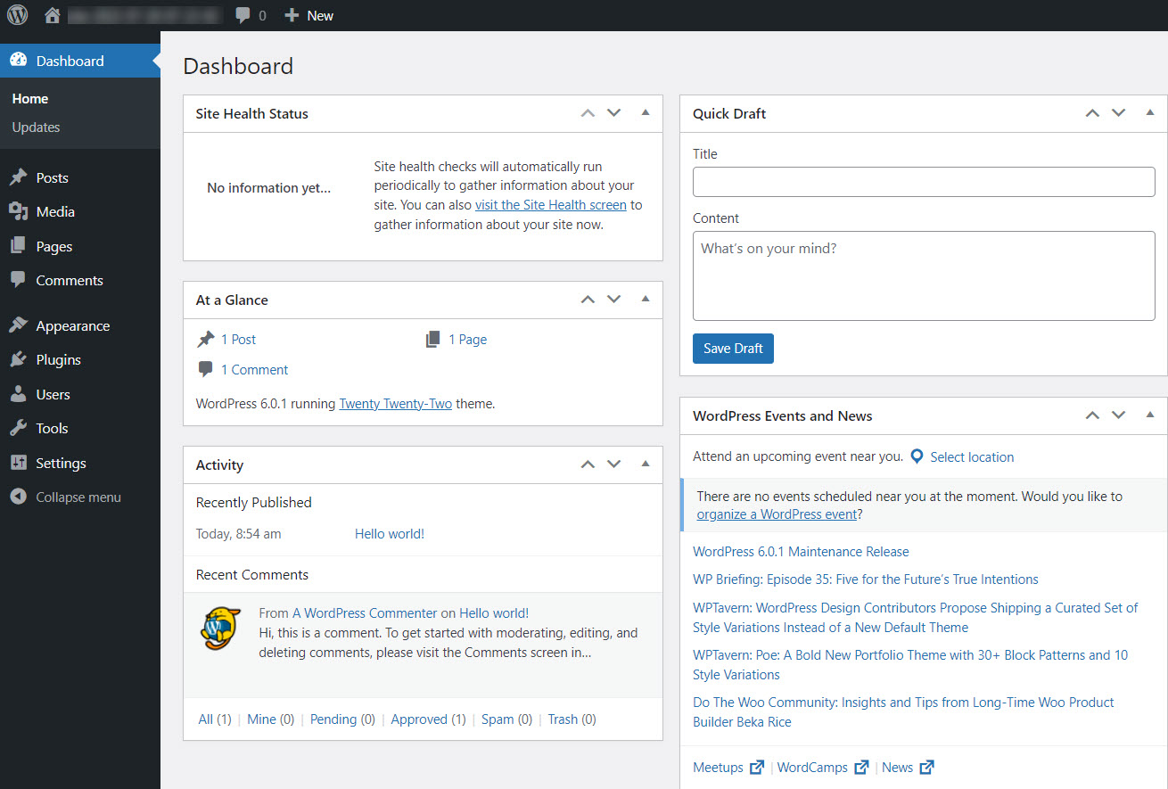 WordPress dashboard