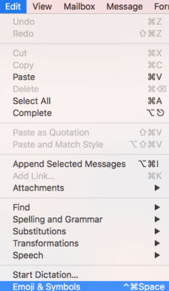 Emojis in the Edit menu