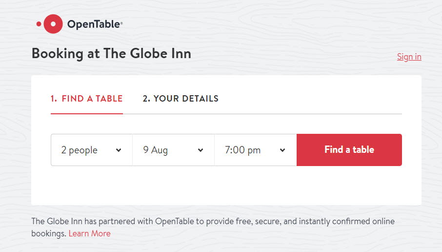Open Table at the Globe Inn