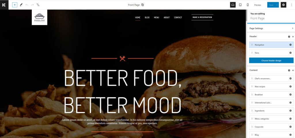 Restaurant website front-page in Kubio Editor