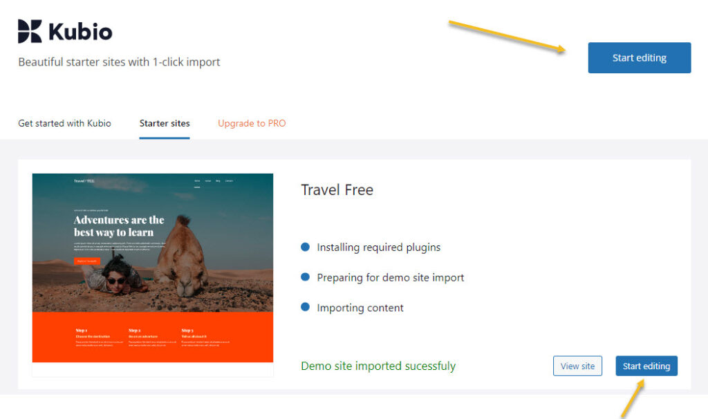 Start editing the Kubio ready-made travel site