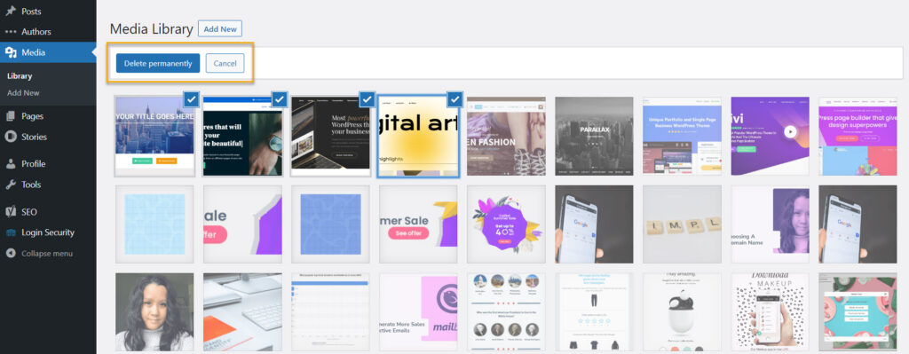 wordpress media library delete multiple images