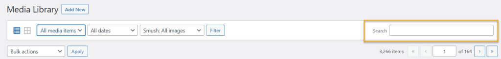 wordpress media library search bar