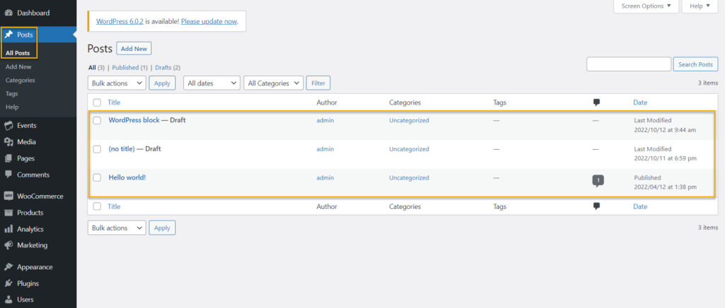 all posts in wordpress dashboard 