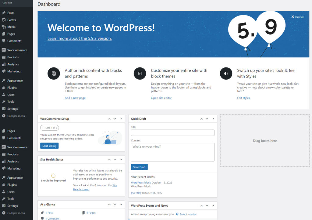 wordpress dashboard