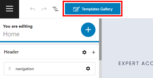 Accessing the templates gallery from Kubio’s editor.