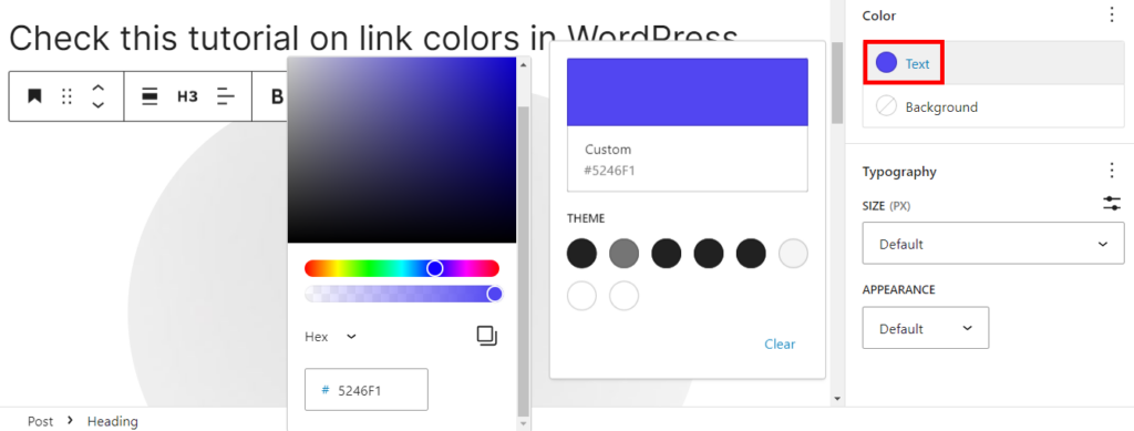 Editing a single link color using the WordPress block editor.