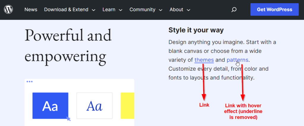 Examples of link styling from the WordPress.org website.
