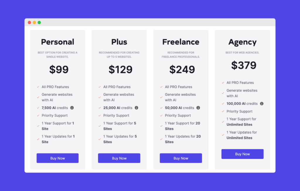 Kubio: Pricing page, reads Personal - $99; Plus - $129; Freelance - $249; Agency -$379