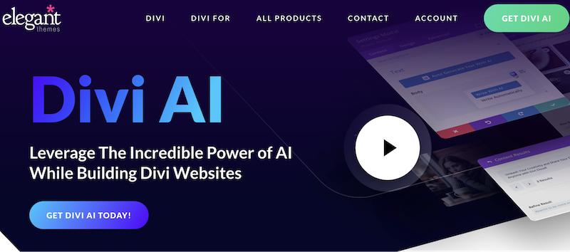 Divi AI landing page, reads, “Divi AI - Leverage the incredible power of AI while building Divi websites.” 