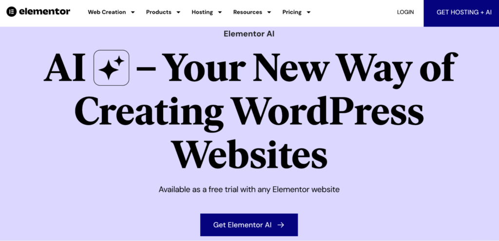 Elementor AI’s landing page, reads, “AI - Your New Way of Creating WordPress” Websites.
