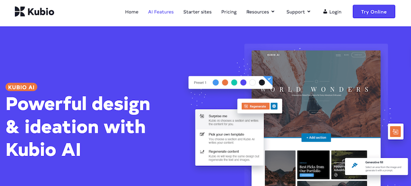 Alt text: Kubio AI’s landing page, reads “Powerful design & ideation with Kubio AI” 