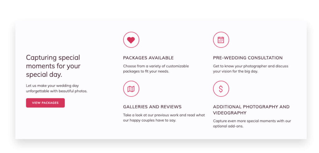 Predesigned features section for a wedding website generated with Kubio AI. 