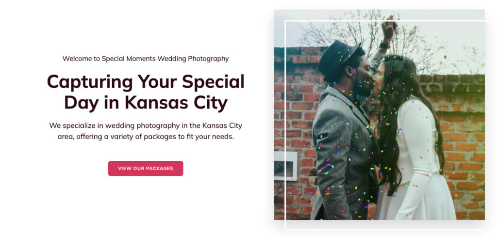 Predesigned section for a wedding website generated with Kubio AI. 