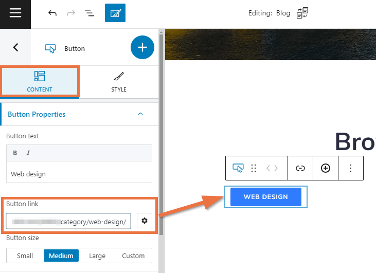 Linking the buttons to a category using the Kubio editor.