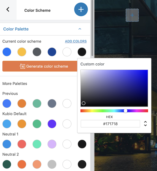 You can make granular adjustments to your WordPress color palette using Kubio. 