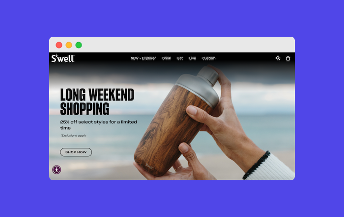 Screenshot of a S’well water bottle promotional homepage which heavily features cool tones.