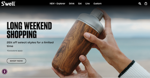 Alt text: Screenshot of a S’well water bottle promotional homepage which heavily features cool tones.