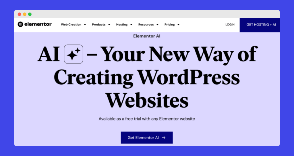 Elementor AI home page reads, "Your New way of creating WordPress"