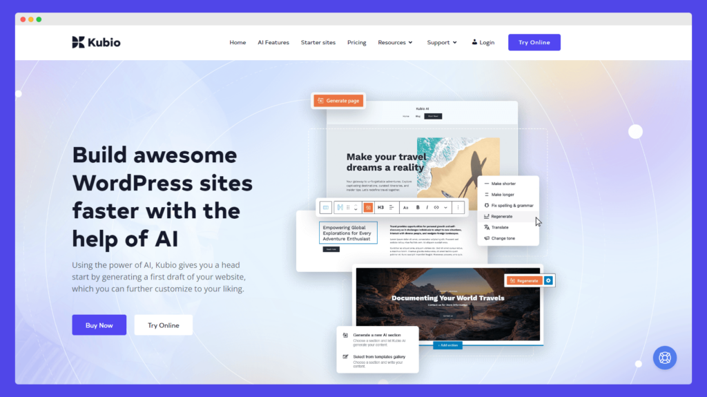 Kubio AI home page, reads "Build awesome WordPress sites faster with the help of AI" 