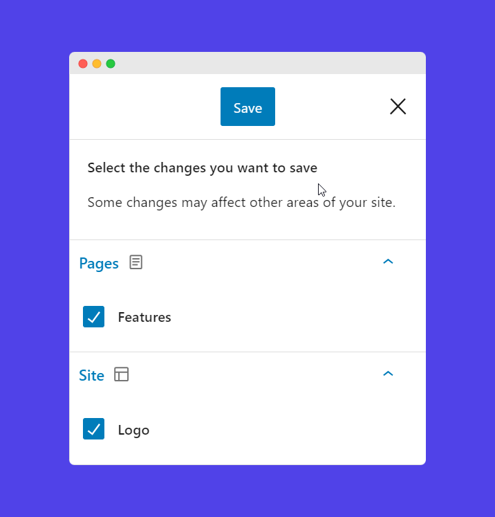 Kubio's save settings allow you to secure your progress during the site design process. 