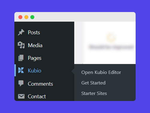 Once installed, the Kubio logo appears on the left side of your WordPress dashboard