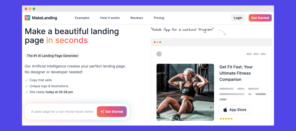 MakeLanding's AI generates an editable first draft of your site which you can then edit and turn into the relevant HTML. 