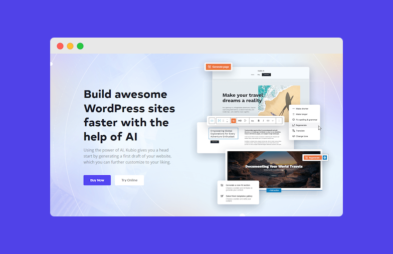 Kubio AI's landing page, reads "Build awesome WordPress sites faster with the help of AI"