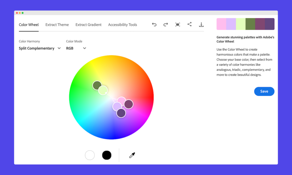 Adobe Color palette tool allows you to easily preview different color palletes