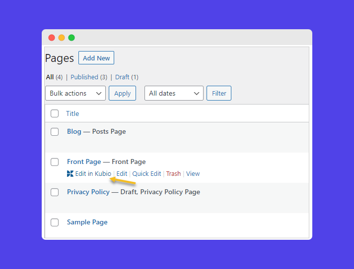 Open your desired page in the Kubio builder. 