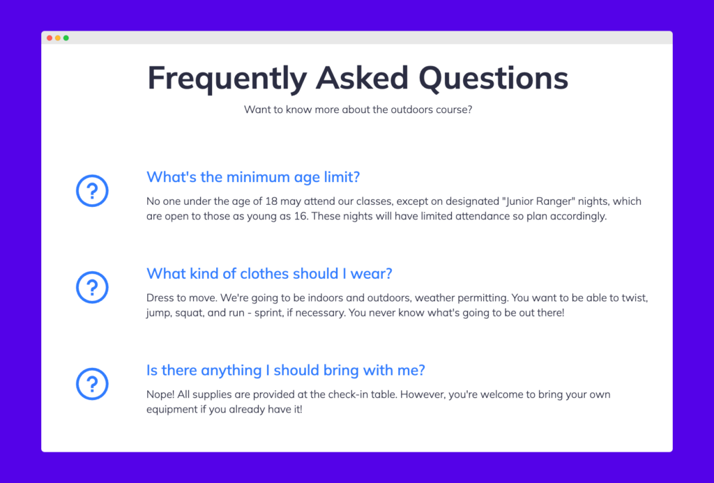 Example of an FAQ block created in the Kubio builder. 